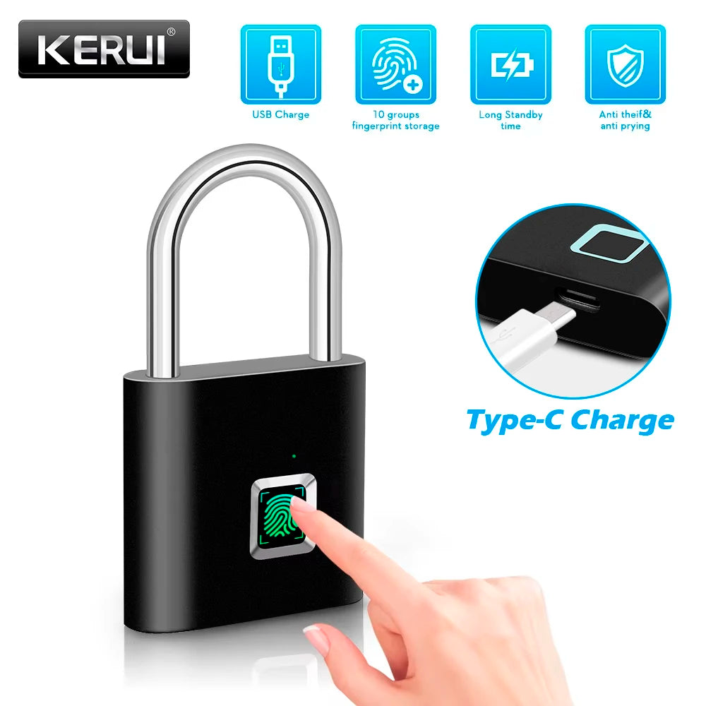 KERUI Smart Fingerprint Padlock 🔒 Waterproof Keyless Lock with Type-C Rechargeable Battery